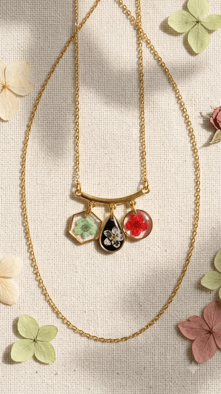 Gold chain necklace with three resin pendants, each featuring a pressed flower, displayed on a neutral fabric background.