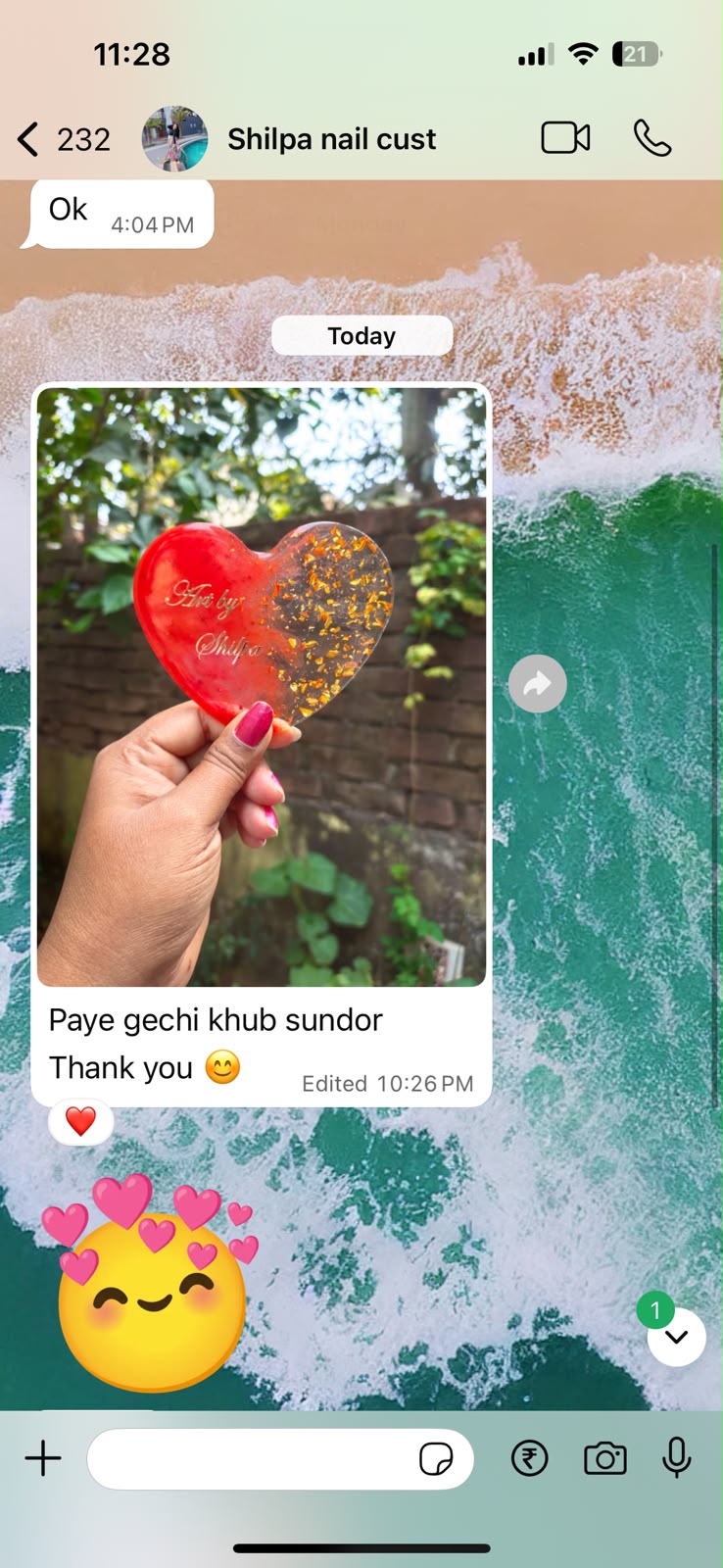 Customer WhatsApp screenshot with a red and gold flake heart resin keepsake and a 'Thank you' message.
