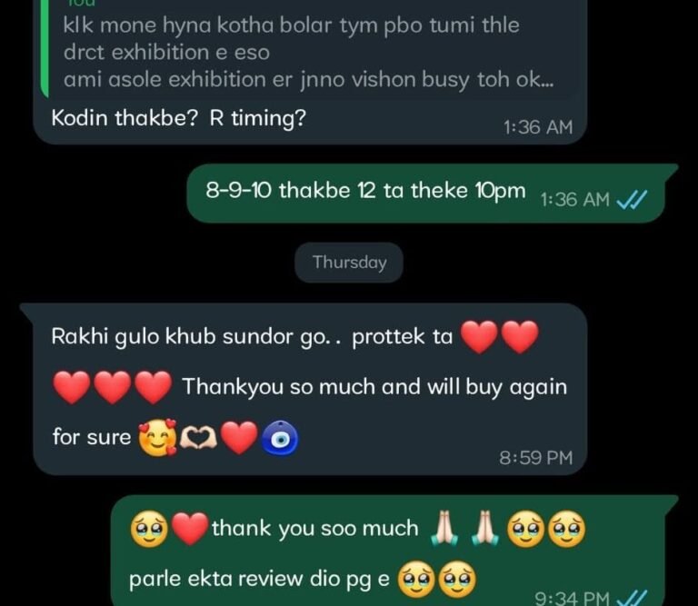 Screenshot of a customer chat praising the beautiful Rakhis and expressing thanks, with emojis and a promise to buy again.