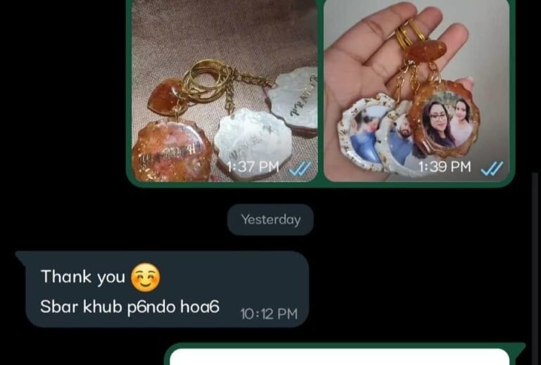 Customer WhatsApp screenshot with 'Thank you' message and photos of custom resin keychains featuring initials and portraits.