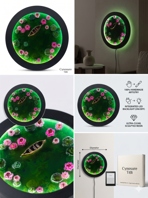 Round resin art with a boat, pink lotus flowers, and lily pads on green water, framed in black, with green LED backlight.